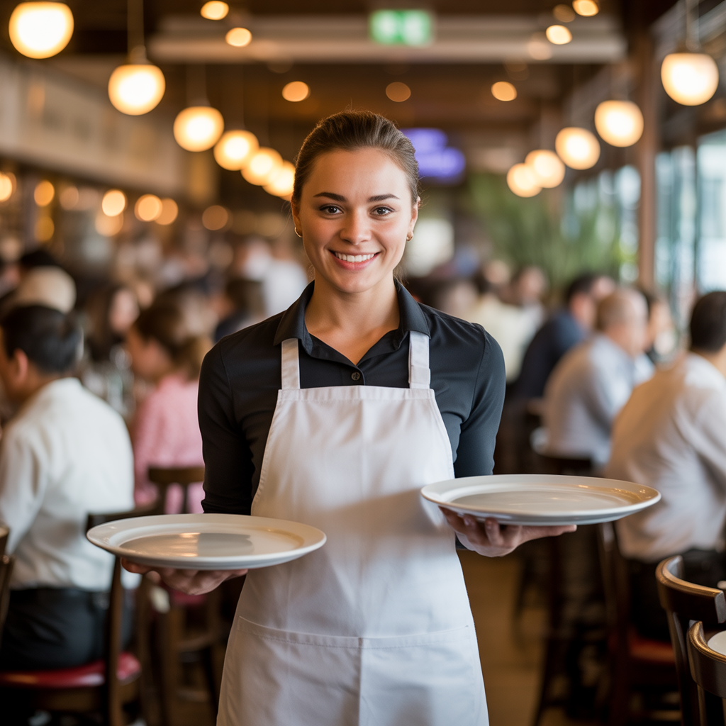 How to be a good server — confident server carrying food in a busy restaurant