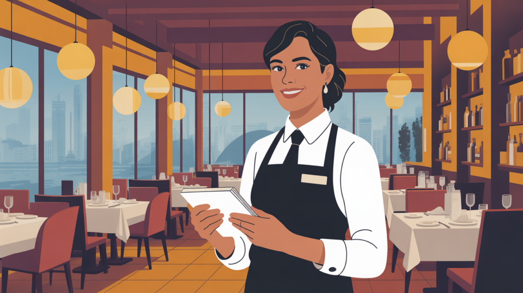 Server confidently handling a customer request in a restaurant
