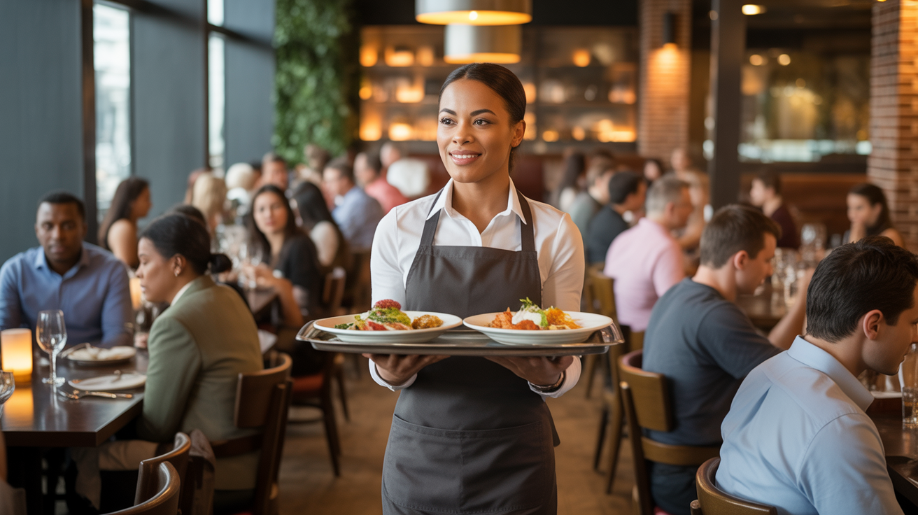 Restaurant server carrying food tray — how much do waiters make an hour
